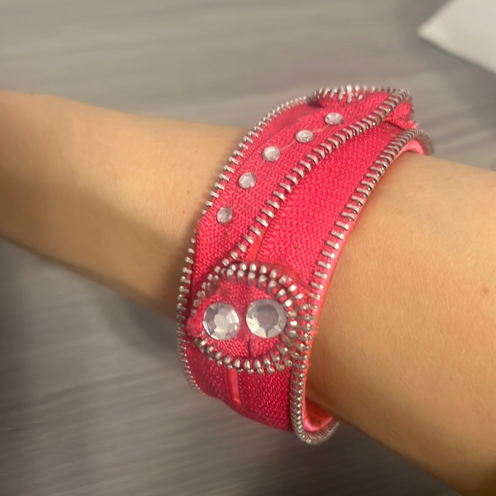 Vintage Cloth Zipper Bangle Bracelet with CZ Diamonds
